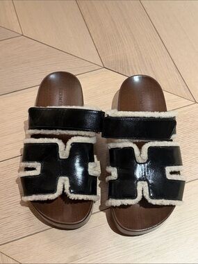 Hermes Black Leather Shearling Trim Slide Sandals